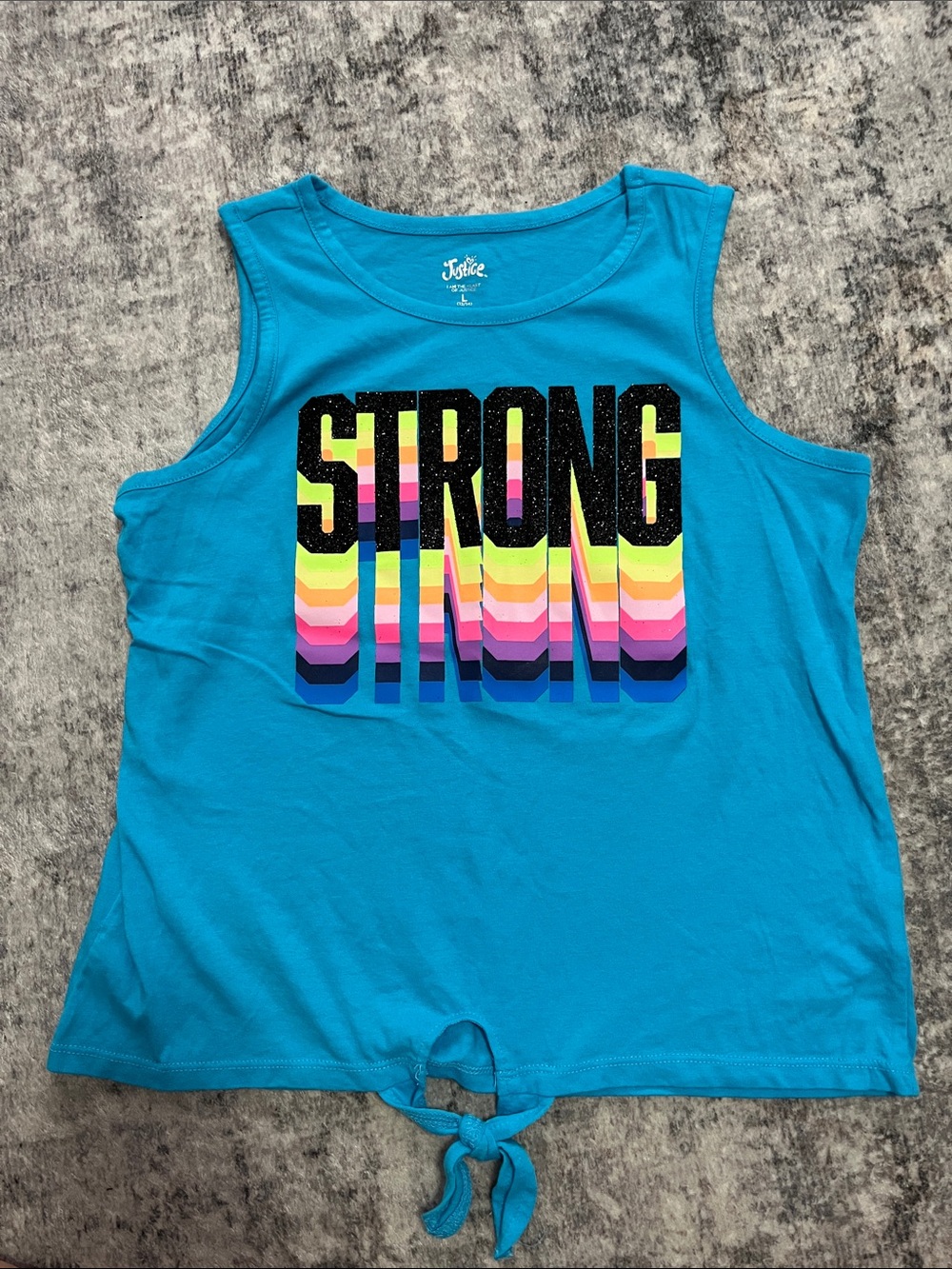 Justice Turquoise Tank Top with Rainbow 'STRONG' Graphic and Front Tie
